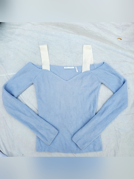 Helmut Lang Sweaters - Helmut Lang Pale Blue Ribbed Cold-Shoulder Sweater with Cream Straps